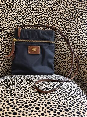 Frye Black Crossbody with Brown Leather Trim and Gold Hardware
